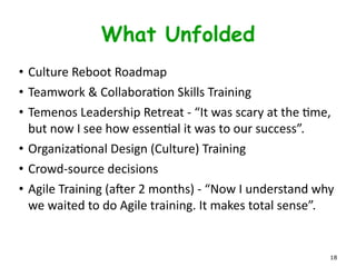 Co-Create a Plan
• Stance:	
  Be	
  authenLc	
  and	
  vulnerable	
  
• We	
  are	
  in	
  this	
  Together.	
  
• Talk	
  about	
  fears	
  
• Use	
  secret	
  ballot	
  for	
  gebng	
  direcLon	
  
• Set	
  direcLon,	
  not	
  details	
  
• Failure	
  to	
  decide	
  is	
  Failure	
  of	
  the	
  iniLaLve	
  
• Write	
  the	
  IncepLon	
  Deck/Charter	
  Immediately
18
 