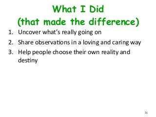 What I Did
(that made the difference)
1. Uncover	
  what’s	
  really	
  going	
  on	
  
2. Share	
  observaLons	
  in	
  a	
  loving	
  and	
  caring	
  way	
  
3. Help	
  people	
  choose	
  their	
  own	
  reality	
  and	
  
desLny
31
 
