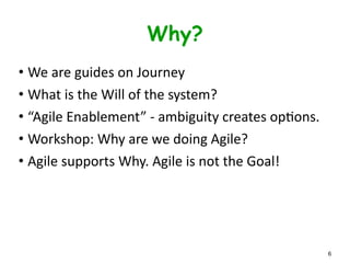 Why Are We Here?
• We	
  are	
  guides	
  on	
  Journey	
  
• What	
  is	
  the	
  Will	
  of	
  the	
  system?	
  
• “Agile	
  Enablement”	
  -­‐	
  ambiguity	
  creates	
  opLons.	
  
• Workshop:	
  Why	
  are	
  we	
  doing	
  Agile?	
  
• Agile	
  is	
  not	
  the	
  Goal!	
  Agile	
  supports	
  the	
  Why.
6
 