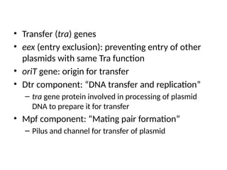 • Transfer (tra) genes
• eex (entry exclusion): preventing entry of other
plasmids with same Tra function
• oriT gene: origin for transfer
• Dtr component: “DNA transfer and replication”
– tra gene protein involved in processing of plasmid
DNA to prepare it for transfer
• Mpf component: “Mating pair formation”
– Pilus and channel for transfer of plasmid
 