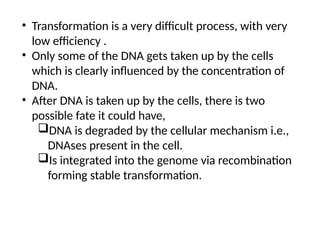 • Transformation is a very difficult process, with very
low efficiency .
• Only some of the DNA gets taken up by the cells
which is clearly influenced by the concentration of
DNA.
• After DNA is taken up by the cells, there is two
possible fate it could have,
DNA is degraded by the cellular mechanism i.e.,
DNAses present in the cell.
Is integrated into the genome via recombination
forming stable transformation.
 