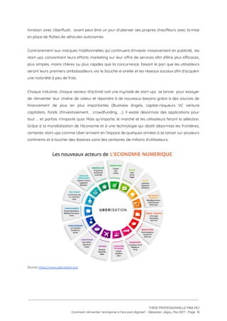 livraison avec UberRush, avant peut être un jour d’uberiser ses propres chauffeurs avec la mise                             
en place de flottes de véhicules autonomes.  
 
Contrairement aux marques traditionnelles qui continuent d'investir massivement en publicité, les                     
start-ups concentrent leurs efforts marketing sur leur offre de services afin d'être plus efficaces,                           
plus simples, moins chères ou plus rapides que la concurrence, faisant le pari que les utilisateurs                               
seront leurs premiers ambassadeurs via le bouche-à-oreille et les réseaux sociaux afin d’acquérir                         
une notoriété à peu de frais. 
 
Chaque industrie, chaque secteur d'activité voit une myriade de start-ups se lancer pour essayer                           
de réinventer leur chaîne de valeur et répondre à de nouveaux besoins grâce à des sources de                                 
financement de plus en plus importantes (Business Angels, capital-risqueurs VC venture                     
capitalists, fonds d'investissement, crowdfunding, …). Il existe désormais des applications pour                     
tout … et parfois n’importe quoi. Mais qu’importe, le marché et les utilisateurs feront la sélection.                               
Grâce à la mondialisation de l’économie et à une technologie qui abolit désormais les frontières,                             
certaines start-ups comme Uber arrivent en l’espace de quelques années à se lancer sur plusieurs                             
continents et à toucher des dizaines voire des centaines de millions d'utilisateurs.  
 
 
Source: ​https://www.uberisation.org  
 
 
 
 
 
THÈSE PROFESSIONNELLE MBA MCI 
Comment réinventer l’entreprise à l’ère post digitale? - Sébastien Jégou, Mai 2017 - Page  16 
 
 