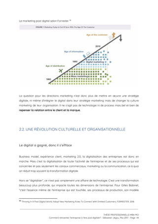 Le marketing post digital selon Forrester    58
 
 
La question pour les directions marketing n’est donc plus de mettre en œuvre une stratégie                             
digitale, ni même d’intégrer le digital dans leur stratégie marketing mais de changer la culture                             
marketing de leur organisation. Il ne s’agit pas de technologie ni de process mais bel et bien de                                   
repenser la relation entre le client et la marque. 
 
 
2.2. UNE RÉVOLUTION CULTURELLE ET ORGANISATIONNELLE 
 
Le digital a gagné, donc il s’efface 
 
Business model, expérience client, marketing 2.0, la digitalisation des entreprises est donc en                         
marche. Mais c’est la digitalisation de toute l’activité de l’entreprise et de ses processus qui est                               
concernée et pas seulement les canaux commerciaux, marketing ou la communication, ce à quoi                           
on réduit trop souvent la transformation digitale. 
 
Hors se “digitaliser”, ce n’est pas simplement une affaire de technologie. C’est une transformation                           
beaucoup plus profonde, qui impacte toutes les dimensions de l’entreprise. Pour Gilles Babinet,                         
“c'est l'essence même de l'entreprise qui est touchée, ses processus de production, son modèle                           
58
​Thriving In A Post-Digital World, Adopt New Marketing Rules To Connect With Entitled Customers, FORRESTER, 2016
 
 
 
THÈSE PROFESSIONNELLE MBA MCI 
Comment réinventer l’entreprise à l’ère post digitale? - Sébastien Jégou, Mai 2017 - Page  44 
 
 