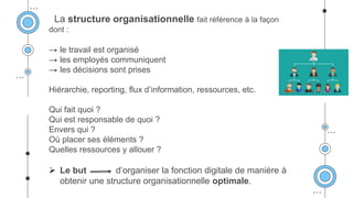 La structure organisationnelle fait référence à la façon
dont :
→ le travail est organisé
→ les employés communiquent
→ les décisions sont prises
Hiérarchie, reporting, flux d’information, ressources, etc.
Qui fait quoi ?
Qui est responsable de quoi ?
Envers qui ?
Où placer ses éléments ?
Quelles ressources y allouer ?
 Le but d’organiser la fonction digitale de manière à
obtenir une structure organisationnelle optimale.
 