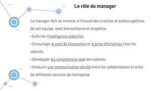 Le manager doit se montrer à l’écoute des craintes et préoccupations
de son équipe, avec bienveillance et empathie:
-Solliciter l’intelligence collective.
-Encourager le sens de l’innovation et la prise d’initiatives chez les
salariés.
-Développer les compétences web des salariés.
-Instaurer une communication étroite entre les collaborateurs et entre
les différents services de l’entreprise.
Le rôle du manager
 