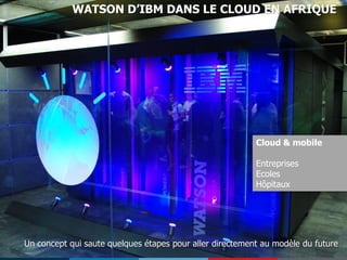 WATSON D’IBM DANS LE CLOUD EN AFRIQUE

Cloud & mobile
Entreprises
Ecoles
Hôpitaux

Un concept qui saute quelques étapes pour aller directement au modèle du future
15

 