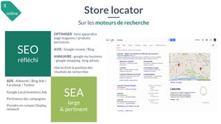 Store locator
Sur les moteurs de recherche
ADS : Adwords / Bing Ads /
Facebook / Twitter
Google Local Inventory Ads
Pertin...