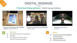 DIGITAL SIGNAGE
Projections holographiques : digital signage ludique
Projection holographique AVEC BORNE
Tensator, Aéropor...