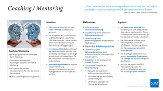 Coaching/Mentoring
▪Befähigung der Nachwuchskräfte
durch Coaching.
▪Entwicklung des eigenen
Nachfolgers als Leiter Vertrieb &
Marketing.
▪Entwicklung des neuen
Verantwortlichen für den Kernmarkt
Deutschland.
▪Aufbau Leiter Segmentmanagement.
www.lettmann-interim.com
SLIM
Situation
▪ Das Unternehmen hat sich vom
Leiter Vertrieb und Marketing
getrennt.
▪ Die Aufgaben des Leiters Vertrieb
und Marketing hat zunächst der
CEO übernommen – seine ohnehin
schon hohe Beanspruchung ist
noch einmal kräftig gestiegen.
▪ Ein interner Mitarbeiter sollte auf
die Stelle des Leiters Vertrieb und
Marketing nachfolgen. Er benötigte
jedoch noch ein bis zwei Jahre für
die persönliche Entwicklung und
Vorbereitung.
▪ Veränderungsprojekte im Vertrieb
(Dezentralisierung,
Segmentmanagement) konnten
nicht gestartet und durchgeführt
werden.
Maßnahmen
▪ Etablierung einer
Vertrauensbeziehung.
▪ Durchführung eines (externen)
Führungsassessments.
▪ Vereinbarung eines
Entwicklungsplanes mit konkreten
Maßnahmen.
▪ Regelmäßige Reflektionsgespräche.
▪ Unterstützung der
Führungskompetenz durch
Aufbaustudium für Führungskräfte
(Uni St. Gallen).
▪ Integration in die strategischen
Change-Projekte.
▪ Schrittweise Übergabe der
Verantwortung:
▪ Übergabe der operativen
fachlichen Vertriebsführung
▪ Positionierung des Nachfolgers
als Themeneigner
▪ schrittweise Übergabe der
Führung der Abteilungen
Ergebnis
▪ Der neue Leiter Vertrieb und
Marketing war zum Zeitpunkt der
Übernahme bereits voll im Thema
und akzeptiert. Entsprechendes gilt
für die anderen beiden „Mentees“.
▪ Die Übernahme erfolgte ohne
Schwierigkeiten. Durch die
schrittweise Einarbeitung konnte
der Führungsanspruch sofort
gelebt werden.
▪ Der Nachfolger übernahm eine
bereits angepasste Organisation.
Der Change war bereits erfolgreich
durchlaufen.
▪ Auch im Nachgang sind CEO,
Personalleitung sowie die
geführten Mitarbeiter wie auch
der Nachfolger sehr zufrieden.
Sebastian Hainz, Leiter Vertrieb und Marketing
 