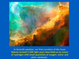 In Seventh position, we find a protion of the Swan Nebula located 5,500 light years described as an ocean of hydrogen with small quantities of oxygen, sulfur and other elements.  