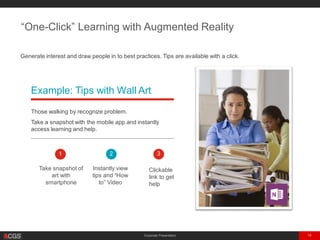 Corporate Presentation 14
“One-Click” Learning with Augmented Reality
Generate interest and draw people in to best practices. Tips are available with a click.
1
Take snapshot of
art with
smartphone
2
Instantly view
tips and “How
to” Video
3
Clickable
link to get
help
Example: Tips with Wall Art
Those walking by recognize problem.
Take a snapshot with the mobile app and instantly
access learning and help.
 