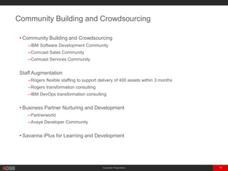 Corporate Presentation 19
• Community Building and Crowdsourcing
–IBM Software Development Community
–Comcast Sales Community
–Comcast Services Community
Staff Augmentation
–Rogers flexible staffing to support delivery of 400 assets within 3 months
–Rogers transformation consulting
–IBM DevOps transformation consulting
• Business Partner Nurturing and Development
–Partnerworld
–Avaya Developer Community
• Savanna iPlus for Learning and Development
Community Building and Crowdsourcing
 