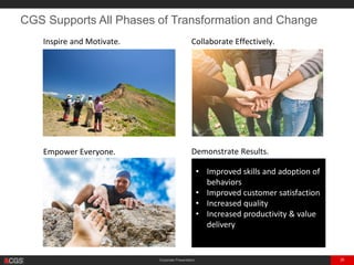 Corporate Presentation 26
CGS Supports All Phases of Transformation and Change
Inspire and Motivate. Collaborate Effectively.
Empower Everyone. Demonstrate Results.
• Improved skills and adoption of
behaviors
• Improved customer satisfaction
• Increased quality
• Increased productivity & value
delivery
 