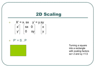 2D Scaling
 X’ = x. sx y’ = y.sy
x’ sx 0 x
y’ 0 sy y
 P’ = S . P
Turning a square
into a rectangle
with scaling factors
sx= 2 and sy =1.5
 