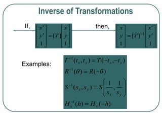 






















1
]
[
1
y
x
T
y
x
If,
























1
]
[
1
1
y
x
T
y
x
then,
)
(
)
(
1
,
1
)
,
(
)
(
)
(
)
,
(
)
,
(
1
1
1
1
h
H
h
H
s
s
S
s
s
S
R
R
t
t
T
t
t
T
x
x
y
x
y
x
y
x
y
x






















Examples:
Inverse of Transformations
 
