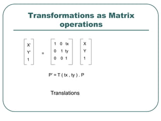 Transformations as Matrix
operations
X’
Y’
1
1 0 tx
0 1 ty
0 0 1
X
Y
1
P’ = T ( tx , ty ) . P
=
Translations
 