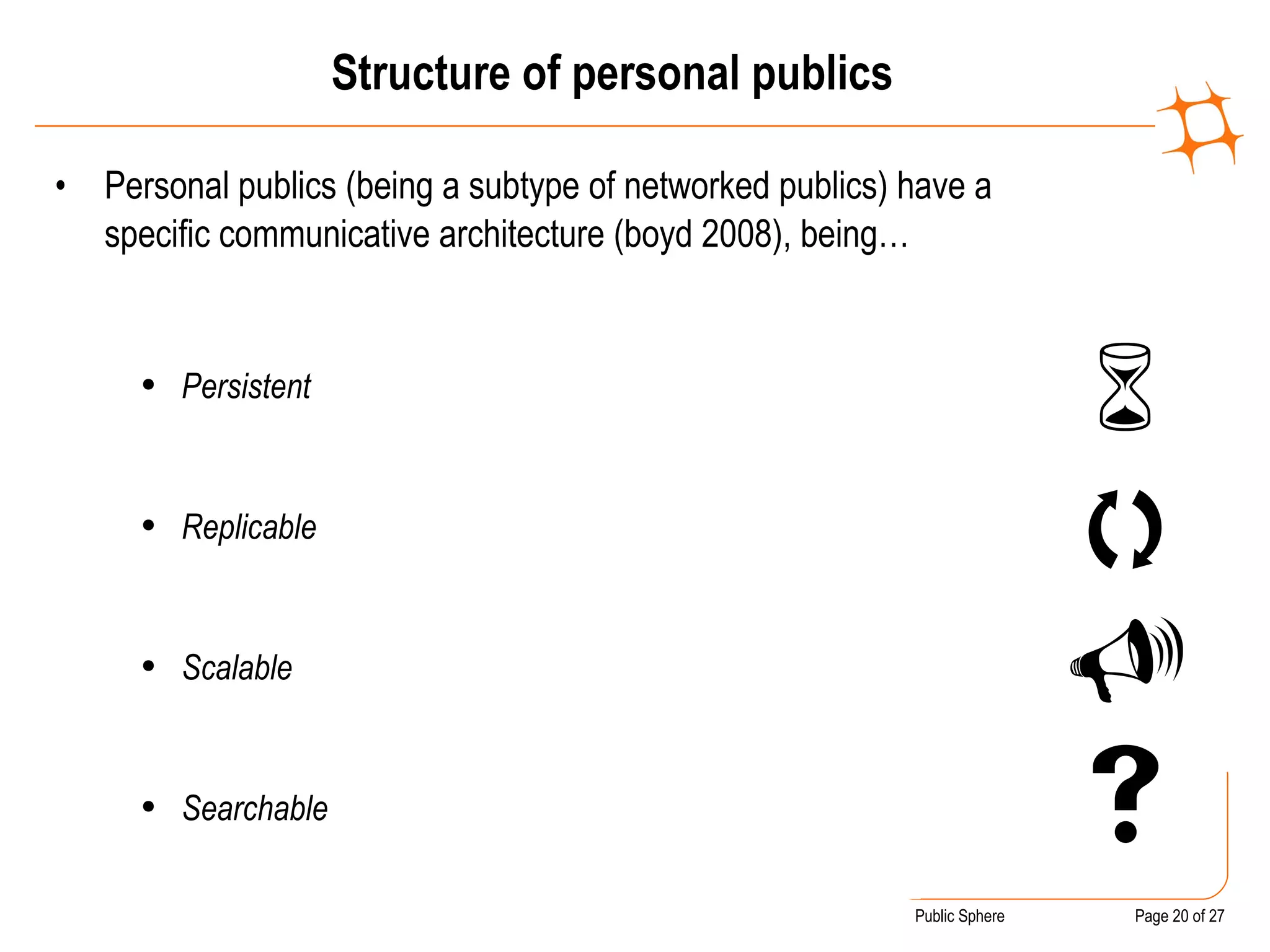 Structure of personal publics Personal publics (being a subtype of networked publics) have a specific communicative architecture (boyd 2008), being… Persistent Replicable Scalable Searchable     