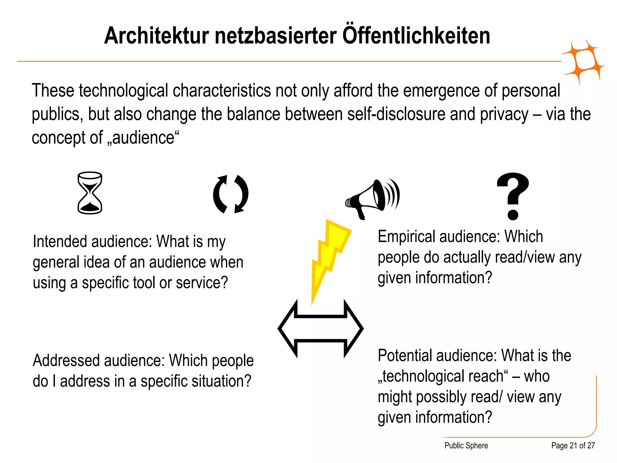 Architektur netzbasierter Öffentlichkeiten These technological characteristics not only afford the emergence of personal publics, but also change the balance between self-disclosure and privacy – via the concept of „audience“     Intended audience: What is my general idea of an audience when using a specific tool or service? Addressed audience: Which people do I address in a specific situation? Empirical audience: Which people do actually read/view any given information? Potential audience: What is the „technological reach“ – who might possibly read/ view any given information? 