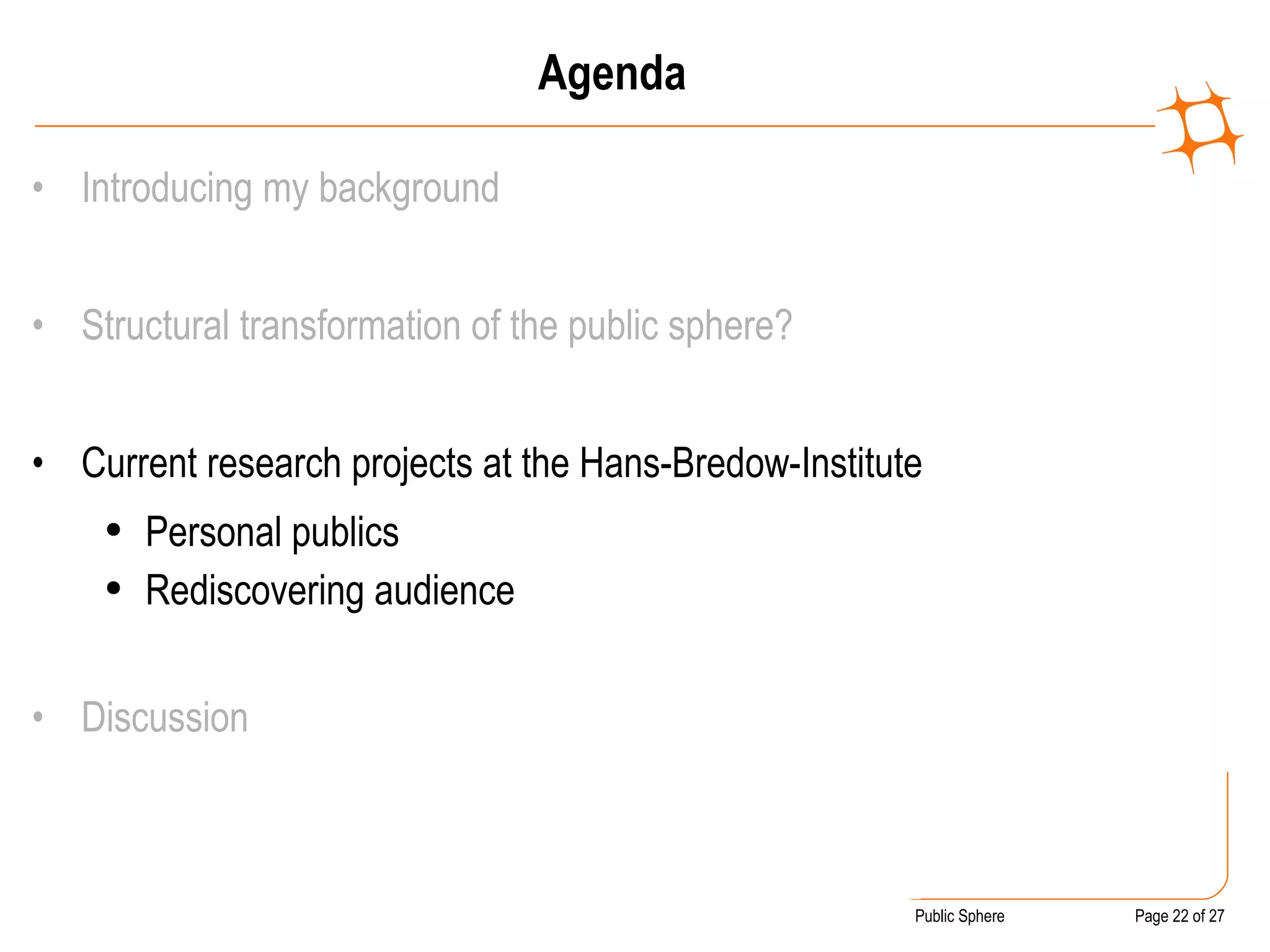Agenda Introducing my background Structural transformation of the public sphere? Current research projects at the Hans-Bredow-Institute Personal publics Rediscovering audience Discussion 