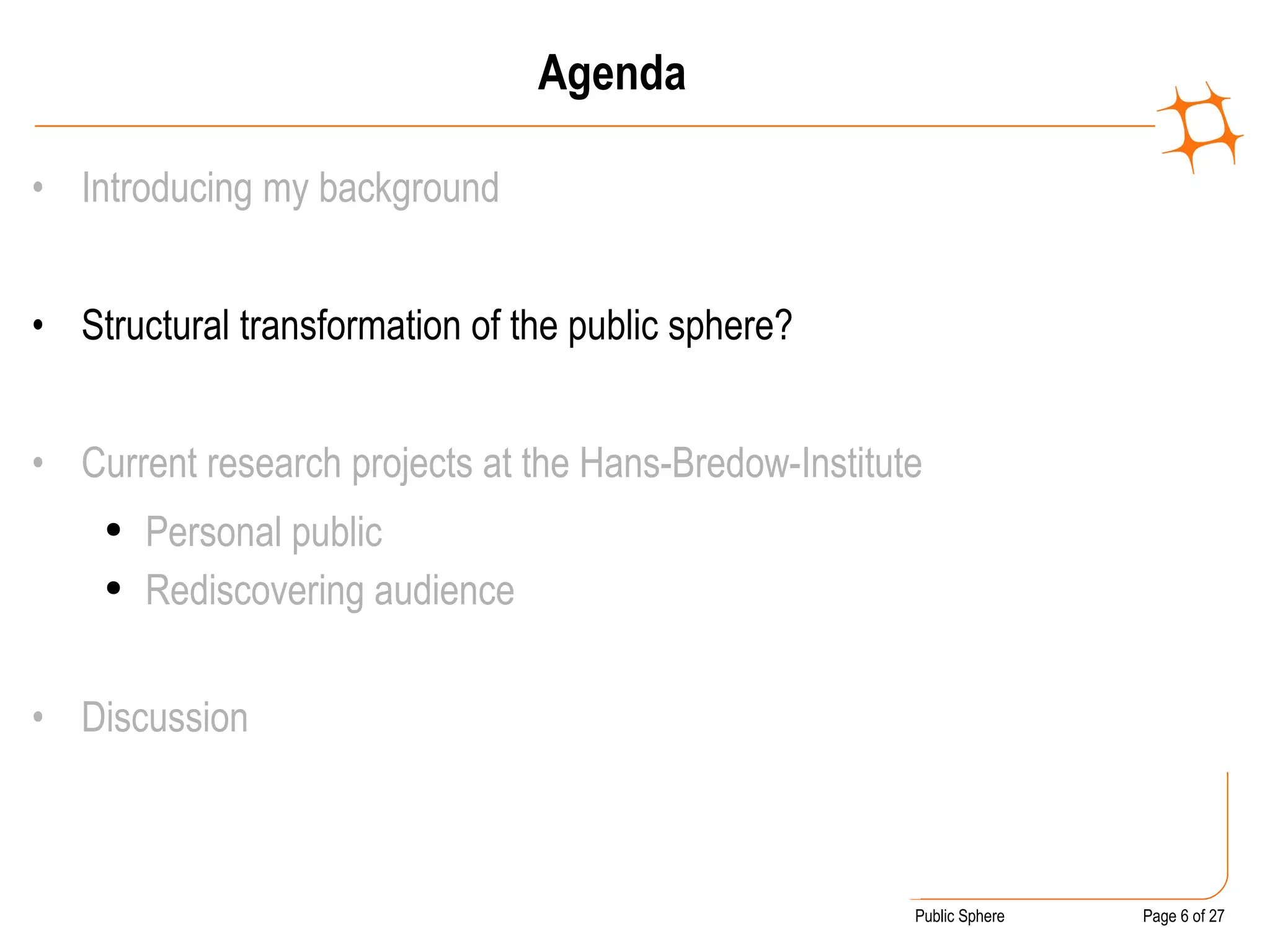Agenda Introducing my background Structural transformation of the public sphere? Current research projects at the Hans-Bredow-Institute Personal public Rediscovering audience Discussion 