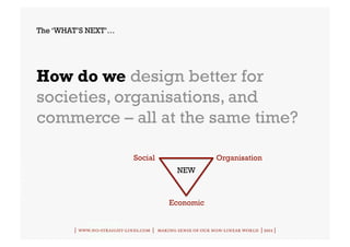 The ‘WHAT’S NEXT’…




How do we design better for
societies, organisations, and
commerce – all at the same time?

                              Social                        Organisation
                                              NEW



                                           Economic


        | www.no-straight-lines.com | making sense of our non-linear world | 2011 |
 