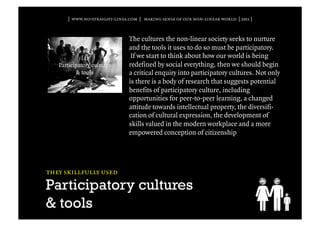 | www.no-straight-lines.com | making sense of our non-linear world | 2011 |



                              The cultures the non-linear society seeks to nurture
                              and the tools it uses to do so must be participatory.
                               If we start to think about how our world is being
                              redefined by social everything, then we should begin
                              a critical enquiry into participatory cultures. Not only
                              is there is a body of research that suggests potential
                              benefits of participatory culture, including
                              opportunities for peer-to-peer learning, a changed
                              attitude towards intellectual property, the diversifi-
                              cation of cultural expression, the development of
                              skills valued in the modern workplace and a more
                              empowered conception of citizenship




they skillfully used

Participatory cultures
& tools
 