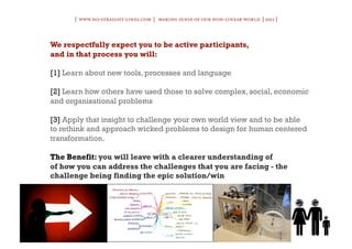 | www.no-straight-lines.com | making sense of our non-linear world | 2011 |




We respectfully expect you to be active participants,
and in that process you will:

[1] Learn about new tools, processes and language

[2] Learn how others have used those to solve complex, social, economic
and organisational problems

[3] Apply that insight to challenge your own world view and to be able
to rethink and approach wicked problems to design for human centered
transformation.

The Benefit: you will leave with a clearer understanding of
of how you can address the challenges that you are facing - the
challenge being finding the epic solution/win
 