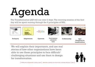 Agenda
The Transformation LAB will run over 2 days. The morning session of the first
day will be spent moving through the 6 principles of NSL.




 Ambiguity       Adaptiveness       Openness        Particiaptory     Craftsmanship              Epic
                                                     cultures &                             (Designing for
                                                        tools                              transformation)


We will explain their importance, and use real
stories of how other organisations have been
able to use these principles to face difficult/
challenging situations and use them to design
for transformation.
             | www.no-straight-lines.com | making sense of our non-linear world | 2011 |
 