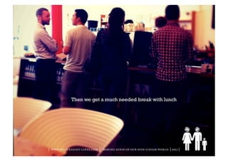 Then we get a much needed break with lunch




| www.no-straight-lines.com | making sense of our non-linear world | 2011 |
| www.no-straight-lines.com | making sense of our non-linear world | 2011 |
 