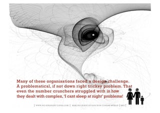 Many of these organisations faced a design challenge.
A problematical, if not down right tricksy problem. That
even the number crunchers struggled with in how
they dealt with complex, ‘I cant sleep at night’ problems!

        | www.no-straight-lines.com | making sense of our non-linear world | 2011 |
 