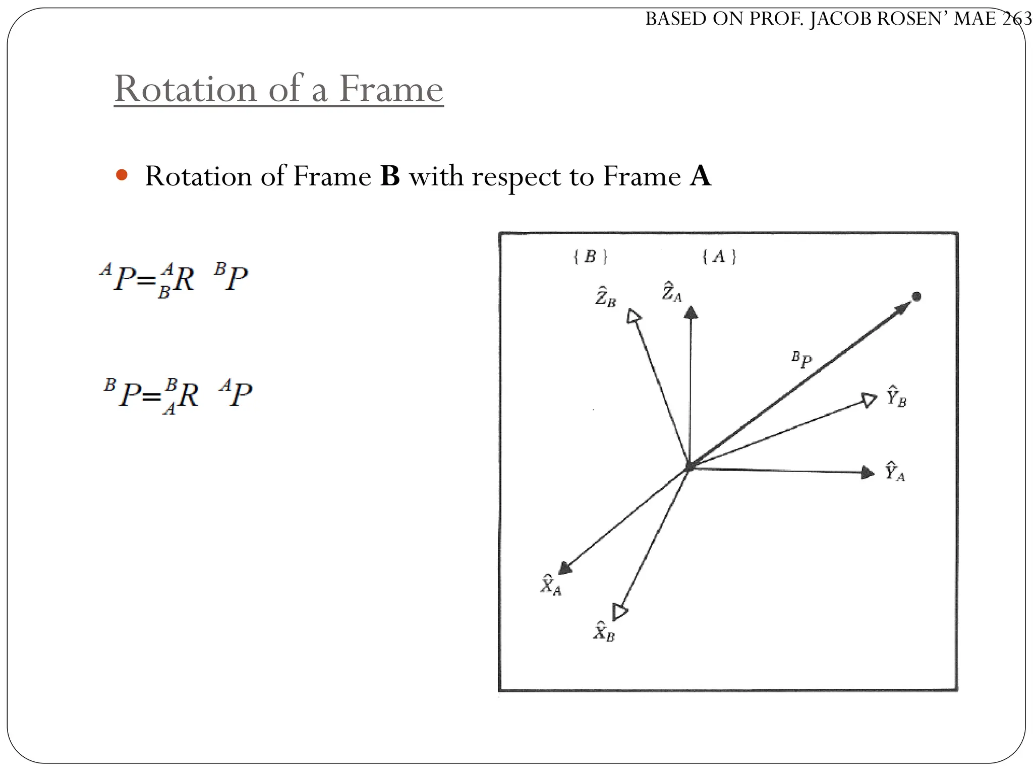 BASED ON PROF. JACOB ROSEN’ MAE 263
Rotation of a Frame
 Rotation of Frame B with respect to Frame A
 
