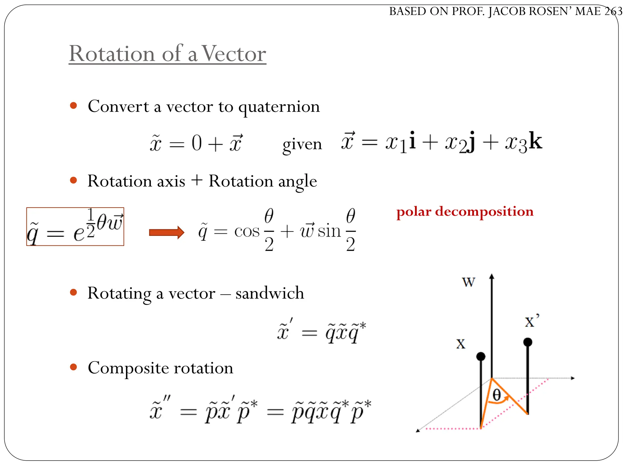 BASED ON PROF. JACOB ROSEN’ MAE 263
Rotation of aVector
 Convert a vector to quaternion
given
 Rotation axis + Rotation angle
 Rotating a vector – sandwich
 Composite rotation
polar decomposition
 