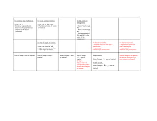 To construct line of reflection:   To locate centre of rotation:                             To find centre of
                                                                                             Enlargement:
- Join A to A’                     - Join A to A’ and B to B’
- Construct a perpendicular        - The intersection is the centre                          - Draw a line through
  bisector. The perpendicular        of rotation.                                            AA’
  bisector is the line of                                                                    - Draw a line through
  reflection.                                                                                BB’
                                                                                             - The intersection of
                                                                                             AA’ and BB’ is the
                                                                                             centre of the
                                                                                             enlargement.

                                   To find the angle of rotation:                                                    To find invariant line:                To find invariant line:
                                                                                                                     1.original line’s and new line’s       1.original line’s and new
                                   - Join A to R and A’ to R                                                         intersection                           line’s intersection
                                   - Angle between the two lines                                                     2.repeat step 1                        2.repeat step 1
                                     is the angle of rotation.                                                       ***never use parallel lines            ***never use parallel lines


Area of image = area of original   Area of image = area of            Area of image = area   Area of image           Single stretch:                        Area of image is the same as
                                   original                           of original            = k² × area of                                                 the area of the object. [i.e.
                                                                                             original                Area of image = k × area of original   area remains unchanged
                                                                                             To find k:
                                                                                             Just use ratio of       Double stretch:
                                                                                             corresponding sides
                                                                                             because the triangles
                                                                                                                     Area of image =   k1 k 2   × area of
                                                                                             are similar.            original
 