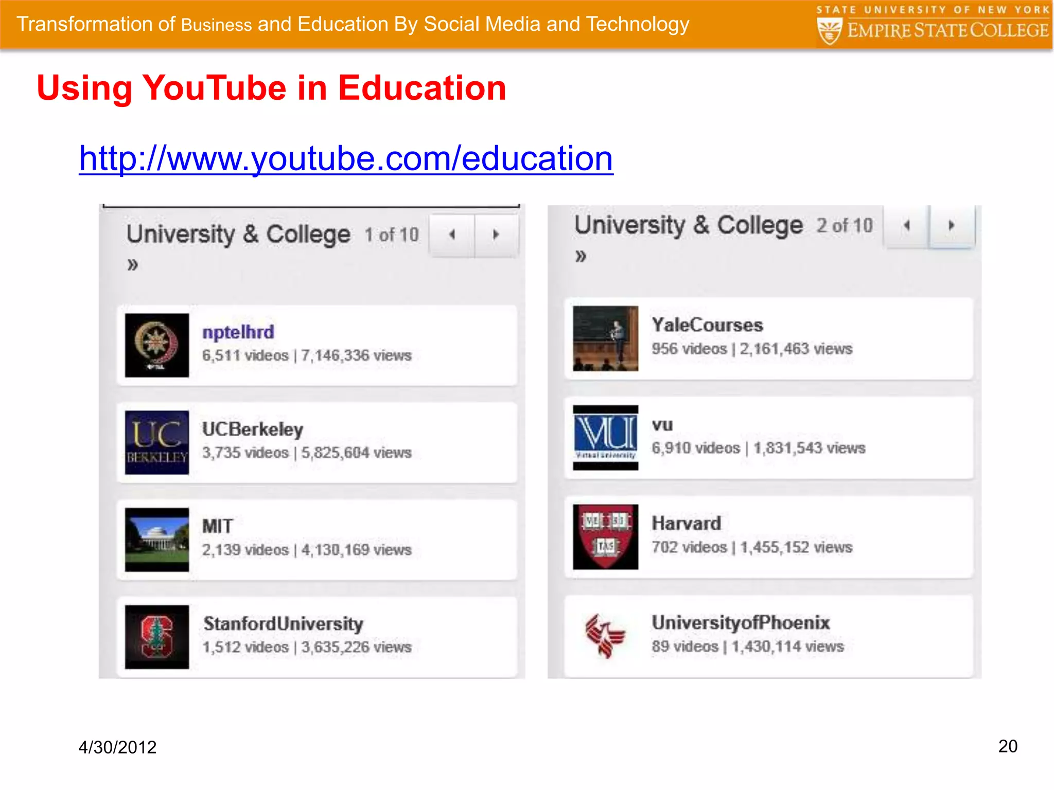 Transformation of Business and Education By Social Media and Technology


  Using YouTube in Education

      http://www.youtube.com/education




      4/30/2012                                                           20
 