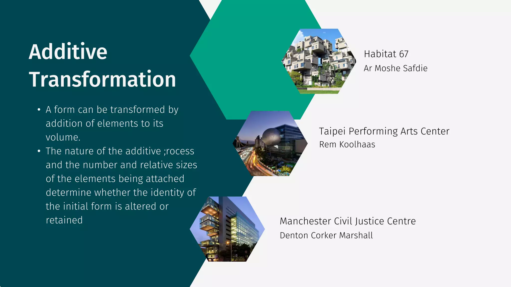 • A form can be transformed by
addition of elements to its
volume.
• The nature of the additive ;rocess
and the number and relative sizes
of the elements being attached
determine whether the identity of
the initial form is altered or
retained
Additive
Transformation
Habitat 67
Ar Moshe Safdie
Rem Koolhaas
Denton Corker Marshall
Manchester Civil Justice Centre
Taipei Performing Arts Center
 