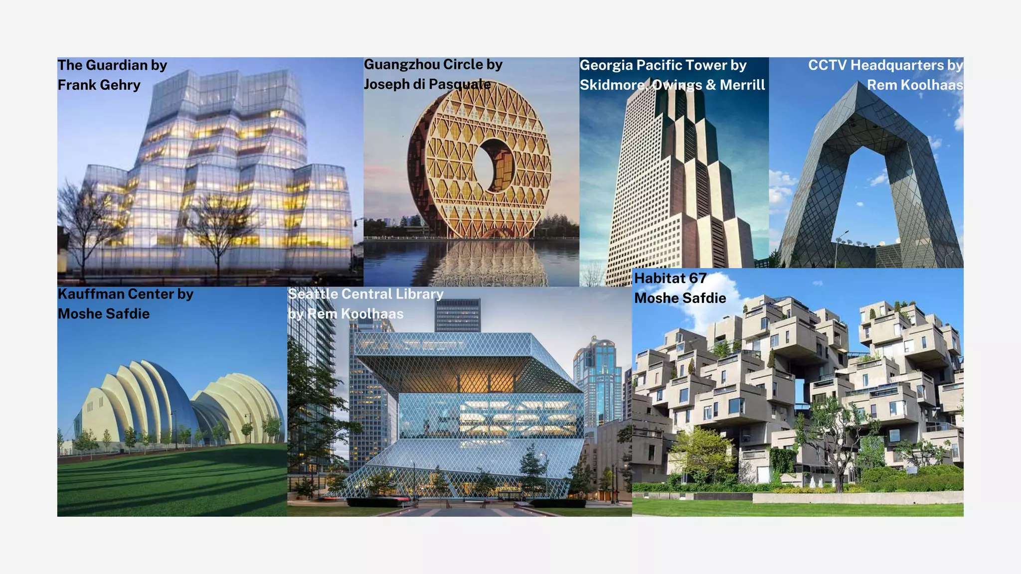 The Guardian by
Frank Gehry
Kauffman Center by
Moshe Safdie
CCTV Headquarters by
Rem Koolhaas
Georgia Pacific Tower by
Skidmore, Owings & Merrill
Seattle Central Library
by Rem Koolhaas
Guangzhou Circle by
Joseph di Pasquale
Habitat 67
Moshe Safdie
 