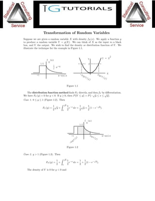 1
Lecture 1. Transformation of Random Variables
Suppose we are given a random variable X with density fX(x). We apply a function g
to produce a random variable Y = g(X). We can think of X as the input to a black
box, and Y the output. We wish to ﬁnd the density or distribution function of Y . We
illustrate the technique for the example in Figure 1.1.
-
1
2
e-x
1/2
-1
f (x)
x-axis
X
Y
y
X-Sqrt[y]
Sqrt[y]
Y = X
2
Figure 1.1
The distribution function method ﬁnds FY directly, and then fY by diﬀerentiation.
We have FY (y) = 0 for y < 0. If y ≥ 0, then P{Y ≤ y} = P{−
√
y ≤ x ≤
√
y}.
Case 1. 0 ≤ y ≤ 1 (Figure 1.2). Then
FY (y) =
1
2
√
y +
√
y
0
1
2
e−x
dx =
1
2
√
y +
1
2
(1 − e−
√
y
).
1/2
-1 x-axis
-Sqrt[y]
Sqrt[y]
f (x)
X
Figure 1.2
Case 2. y > 1 (Figure 1.3). Then
FY (y) =
1
2
+
√
y
0
1
2
e−x
dx =
1
2
+
1
2
(1 − e−
√
y
).
The density of Y is 0 for y < 0 and
TARUN GEHLOT
B.E (CIVIL) (HONOURS)
 