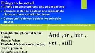 Things to be noted 
Simple sentence contains only one main verb 
Complex sentence contains one subordinate clause and one coordinate clause 
Compound sentence contain two principle clauses 
Complex sentence contains the following words 
Compound sentence contain the following words 
Though/although/evenif /even though 
Since/as /when 
That/which/where/who/whom{any relative pronoun 
So that/in order that 
And ,or, but , yet , still  