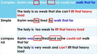 Complex 
Karimwas so tired that he could not walk that far 
The ladyis so weak that she can’t lift that heavy load 
Simple 
Karim was too tired to walk that far 
The lady is too weakto lift that heavy load 
compound 
Karim wasvery tired and so he could not walk that far 
The lady isvery weakand can’tlift that heavy load  