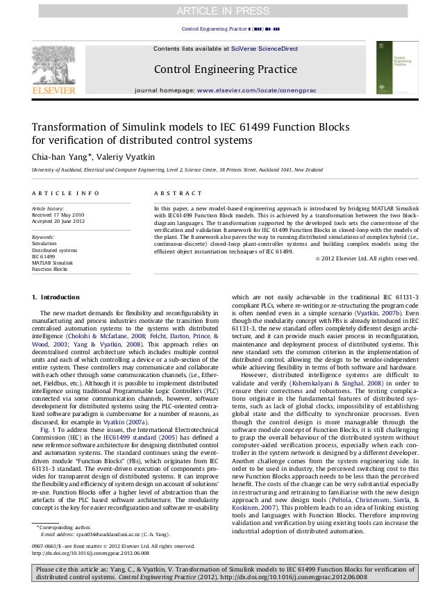 Transformation Of Simulink Models To Iec Function Blocks For Ve