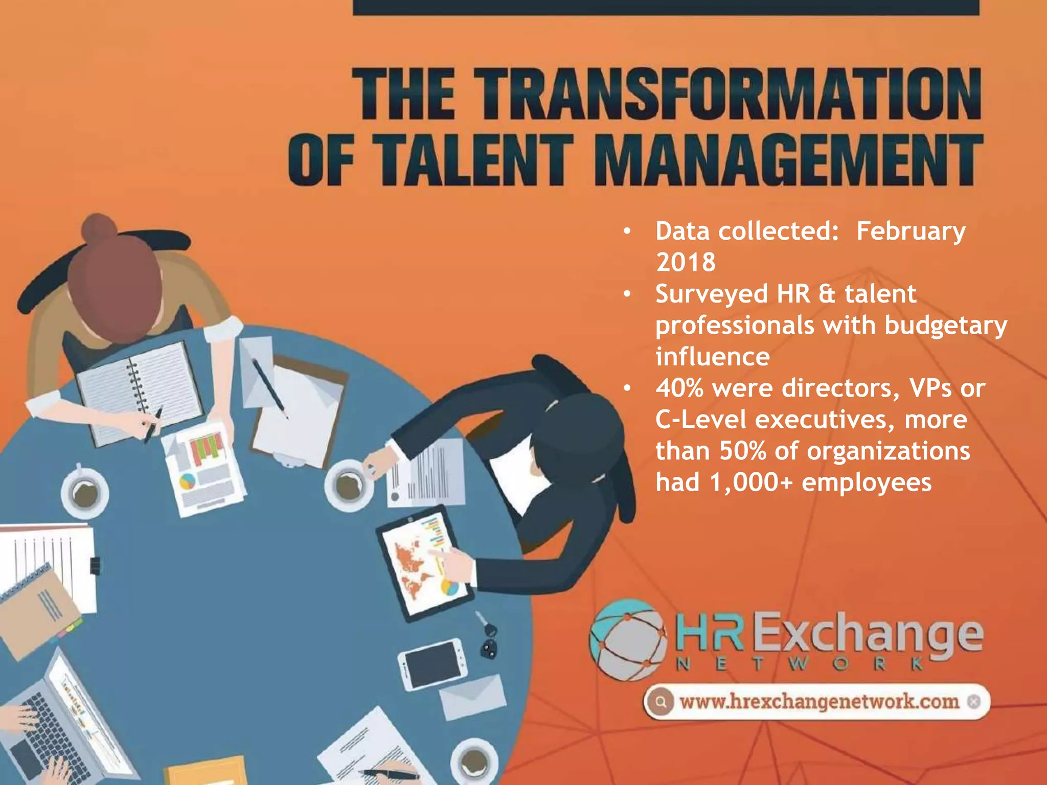 • Data collected: February
2018
• Surveyed HR & talent
professionals with budgetary
influence
• 40% were directors, VPs or
C-Level executives, more
than 50% of organizations
had 1,000+ employees
 