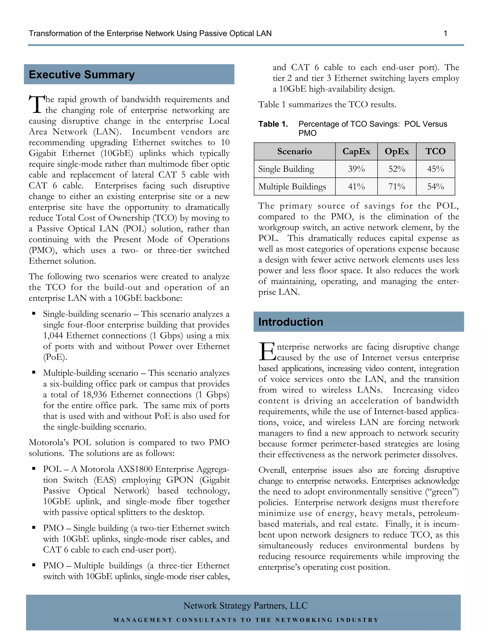 Transformation of the Enterprise Network Using Passive Optical LAN                                                1



                                                                     and CAT 6 cable to each end-user port). The
Executive Summary                                                    tier 2 and tier 3 Ethernet switching layers employ
                                                                     a 10GbE high-availability design.

T   he rapid growth of bandwidth requirements and
    the changing role of enterprise networking are
causing disruptive change in the enterprise Local
                                                              Table 1 summarizes the TCO results.

                                                              Table 1.     Percentage of TCO Savings: POL Versus
Area Network (LAN). Incumbent vendors are                                  PMO
recommending upgrading Ethernet switches to 10
Gigabit Ethernet (10GbE) uplinks which typically                      Scenario         CapEx      OpEx       TCO
require single-mode rather than multimode fiber optic
                                                              Single Building            39%        52%       45%
cable and replacement of lateral CAT 5 cable with
CAT 6 cable. Enterprises facing such disruptive               Multiple Buildings         41%        71%       54%
change to either an existing enterprise site or a new
enterprise site have the opportunity to dramatically          The primary source of savings for the POL,
reduce Total Cost of Ownership (TCO) by moving to             compared to the PMO, is the elimination of the
a Passive Optical LAN (POL) solution, rather than             workgroup switch, an active network element, by the
continuing with the Present Mode of Operations                POL. This dramatically reduces capital expense as
(PMO), which uses a two- or three-tier switched               well as most categories of operations expense because
Ethernet solution.                                            a design with fewer active network elements uses less
                                                              power and less floor space. It also reduces the work
The following two scenarios were created to analyze           of maintaining, operating, and managing the enter-
the TCO for the build-out and operation of an                 prise LAN.
enterprise LAN with a 10GbE backbone:
   Single-building scenario – This scenario analyzes a
   single four-floor enterprise building that provides        Introduction
   1,044 Ethernet connections (1 Gbps) using a mix
   of ports with and without Power over Ethernet
   (PoE).                                                     E     nterprise networks are facing disruptive change
                                                                    caused by the use of Internet versus enterprise
                                                              based applications, increasing video content, integration
   Multiple-building scenario – This scenario analyzes
   a six-building office park or campus that provides         of voice services onto the LAN, and the transition
   a total of 18,936 Ethernet connections (1 Gbps)            from wired to wireless LANs. Increasing video
   for the entire office park. The same mix of ports          content is driving an acceleration of bandwidth
   that is used with and without PoE is also used for         requirements, while the use of Internet-based applica-
   the single-building scenario.                              tions, voice, and wireless LAN are forcing network
                                                              managers to find a new approach to network security
Motorola’s POL solution is compared to two PMO                because former perimeter-based strategies are losing
solutions. The solutions are as follows:                      their effectiveness as the network perimeter dissolves.
   POL – A Motorola AXS1800 Enterprise Aggrega-               Overall, enterprise issues also are forcing disruptive
   tion Switch (EAS) employing GPON (Gigabit                  change to enterprise networks. Enterprises acknowledge
   Passive Optical Network) based technology,                 the need to adopt environmentally sensitive (“green”)
   10GbE uplink, and single-mode fiber together               policies. Enterprise network designs must therefore
   with passive optical splitters to the desktop.             minimize use of energy, heavy metals, petroleum-
   PMO – Single building (a two-tier Ethernet switch          based materials, and real estate. Finally, it is incum-
   with 10GbE uplinks, single-mode riser cables, and          bent upon network designers to reduce TCO, as this
   CAT 6 cable to each end-user port).                        simultaneously reduces environmental burdens by
                                                              reducing resource requirements while improving the
   PMO – Multiple buildings (a three-tier Ethernet            enterprise’s operating cost position.
   switch with 10GbE uplinks, single-mode riser cables,


                                          Network Strategy Partners, LLC
                      MANAGEMENT CONSULTANTS TO THE NETWORKING INDUSTRY
 