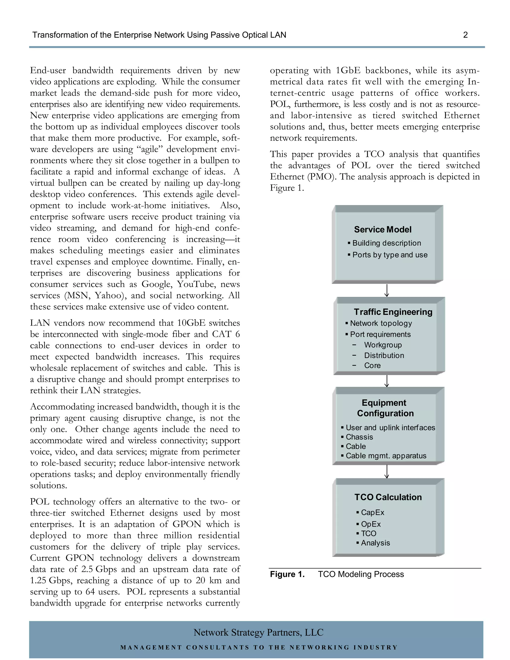 Transformation of the Enterprise Network Using Passive Optical LAN                                              2



End-user bandwidth requirements driven by new                operating with 1GbE backbones, while its asym-
video applications are exploding. While the consumer         metrical data rates fit well with the emerging In-
market leads the demand-side push for more video,            ternet-centric usage patterns of office workers.
enterprises also are identifying new video requirements.     POL, furthermore, is less costly and is not as resource-
New enterprise video applications are emerging from          and labor-intensive as tiered switched Ethernet
the bottom up as individual employees discover tools         solutions and, thus, better meets emerging enterprise
that make them more productive. For example, soft-           network requirements.
ware developers are using “agile” development envi-          This paper provides a TCO analysis that quantifies
ronments where they sit close together in a bullpen to       the advantages of POL over the tiered switched
facilitate a rapid and informal exchange of ideas. A         Ethernet (PMO). The analysis approach is depicted in
virtual bullpen can be created by nailing up day-long        Figure 1.
desktop video conferences. This extends agile devel-
opment to include work-at-home initiatives. Also,
enterprise software users receive product training via
video streaming, and demand for high-end confe-                                    Service Model
rence room video conferencing is increasing—it                                     Building description
makes scheduling meetings easier and eliminates                                    Ports by type and use
travel expenses and employee downtime. Finally, en-
terprises are discovering business applications for
consumer services such as Google, YouTube, news
services (MSN, Yahoo), and social networking. All
these services make extensive use of video content.
                                                                                   Traffic Engineering
LAN vendors now recommend that 10GbE switches                                     Network topology
be interconnected with single-mode fiber and CAT 6                                Port requirements
cable connections to end-user devices in order to                                 − Workgroup
meet expected bandwidth increases. This requires                                  − Distribution
wholesale replacement of switches and cable. This is                              − Core
a disruptive change and should prompt enterprises to
rethink their LAN strategies.
Accommodating increased bandwidth, though it is the                                  Equipment
                                                                                    Configuration
primary agent causing disruptive change, is not the
only one. Other change agents include the need to                                User and uplink interf aces
accommodate wired and wireless connectivity; support                             Chassis
                                                                                 Cable
voice, video, and data services; migrate from perimeter                          Cable mgmt. apparatus
to role-based security; reduce labor-intensive network
operations tasks; and deploy environmentally friendly
solutions.
POL technology offers an alternative to the two- or                                TCO Calculation
three-tier switched Ethernet designs used by most                                    CapEx
enterprises. It is an adaptation of GPON which is                                    OpEx
deployed to more than three million residential                                      TCO
                                                                                     Analysis
customers for the delivery of triple play services.
Current GPON technology delivers a downstream
data rate of 2.5 Gbps and an upstream data rate of           Figure 1.   TCO Modeling Process
1.25 Gbps, reaching a distance of up to 20 km and
serving up to 64 users. POL represents a substantial
bandwidth upgrade for enterprise networks currently

                                           Network Strategy Partners, LLC
                        MANAGEMENT CONSULTANTS TO THE NETWORKING INDUSTRY
 