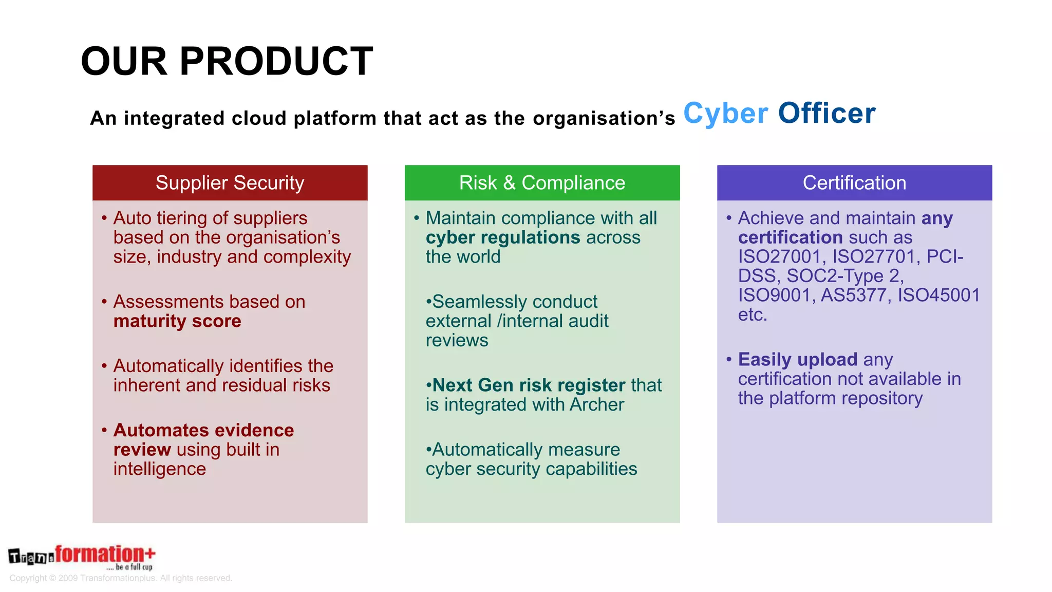 Copyright © 2009 Transformationplus. All rights reserved.
An integrated cloud platform that act as the organisation’s Cyber Officer
Supplier Security
• Auto tiering of suppliers
based on the organisation’s
size, industry and complexity
• Assessments based on
maturity score
• Automatically identifies the
inherent and residual risks
• Automates evidence
review using built in
intelligence
Risk & Compliance
• Maintain compliance with all
cyber regulations across
the world
•Seamlessly conduct
external /internal audit
reviews
•Next Gen risk register that
is integrated with Archer
•Automatically measure
cyber security capabilities
Certification
• Achieve and maintain any
certification such as
ISO27001, ISO27701, PCI-
DSS, SOC2-Type 2,
ISO9001, AS5377, ISO45001
etc.
• Easily upload any
certification not available in
the platform repository
OUR PRODUCT
 