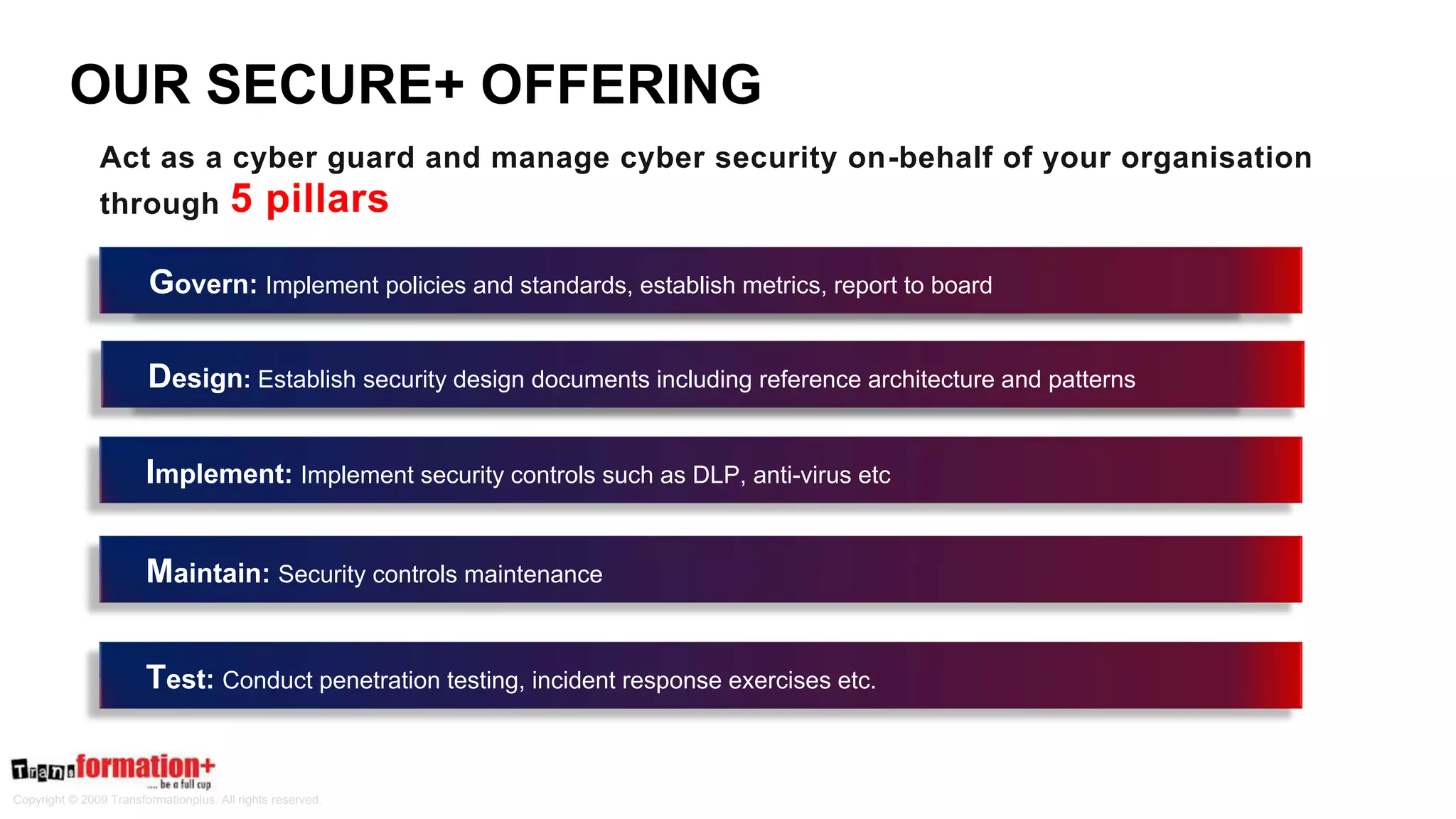 Copyright © 2009 Transformationplus. All rights reserved.
OUR SECURE+ OFFERING
Act as a cyber guard and manage cyber security on-behalf of your organisation
through 5 pillars
Govern: Implement policies and standards, establish metrics, report to board
Design: Establish security design documents including reference architecture and patterns
Implement: Implement security controls such as DLP, anti-virus etc
Maintain: Security controls maintenance
Test: Conduct penetration testing, incident response exercises etc.
 