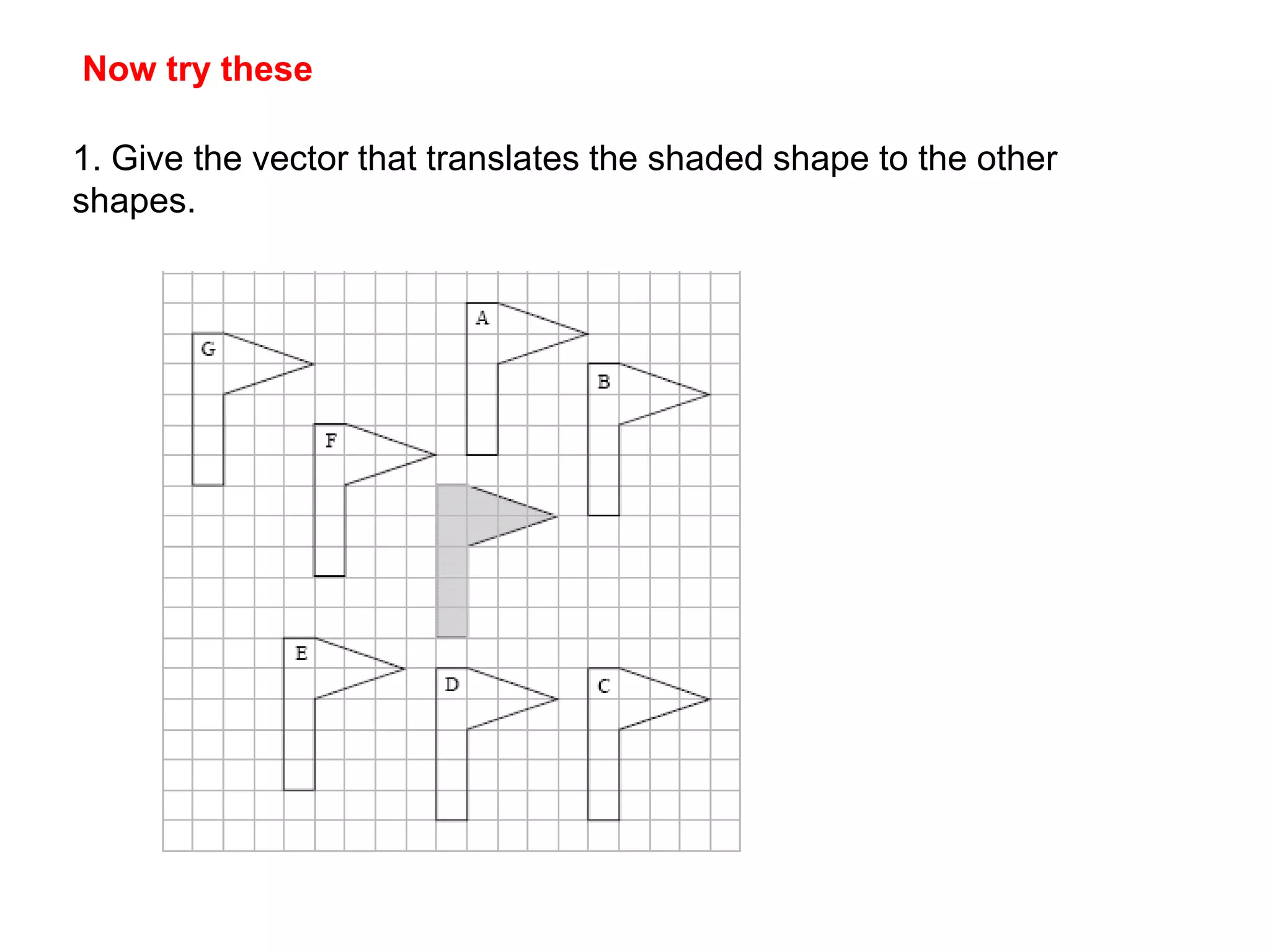 ExampleDescribe the translation that moves the shaded shape to each of the other shapes.;