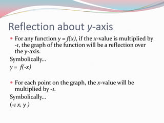 Reflection about y-axisFor any function y = f(x), if the x-value is multiplied by -1, the graph of the function will be a reflection over the y-axis.Symbolically…y =  f(-x)For each point on the graph, the x-value will be multiplied by -1.Symbolically…(-1 x, y )