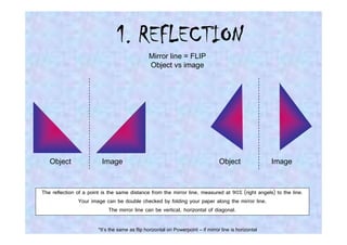 1. REFLECTION
                                                Mirror line = FLIP
                                                Object vs image




   Object                Image                                                     Object                Image



The reflection of a point is the same distance from the mirror line, measured at 90% (right angels) to the line.
                Your image can be double checked by folding your paper along the mirror line.
                              The mirror line can be vertical, horizontal of diagonal.

                        *It’s the same as flip horizontal on Powerpoint – if mirror line is horizontal
 