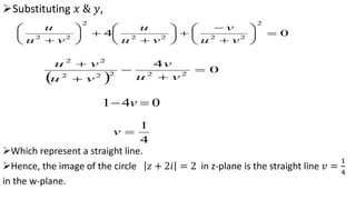 Substituting 𝑥 & 𝑦,
04
2
2222
2
22





















 vu
v
vu
u
vu
u
 
0
4
22222
22





vu
v
vu
vu
041  v
4
1
v
Which represent a straight line.
Hence, the image of the circle 𝑧 + 2𝑖 = 2 in z-plane is the straight line 𝑣 =
1
4
in the w-plane.
 
