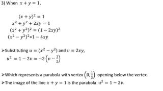 3) When 𝑥 + 𝑦 = 1,
𝑥 + 𝑦 2 = 1
𝑥2 + 𝑦2 + 2𝑥𝑦 = 1
𝑥2
+ 𝑦2 2
= 1 − 2𝑥𝑦 2
𝑥2 − 𝑦2 2=1 − 4𝑥𝑦
Substituting 𝑢 = (𝑥2
− 𝑦2
) and 𝑣 = 2𝑥𝑦,
𝑢2 = 1 − 2𝑣 = −2 𝑣 −
1
2
Which represents a parabola with vertex 0,
1
2
opening below the vertex.
The image of the line 𝑥 + 𝑦 = 1 is the parabola 𝑢2 = 1 − 2𝑣.
 